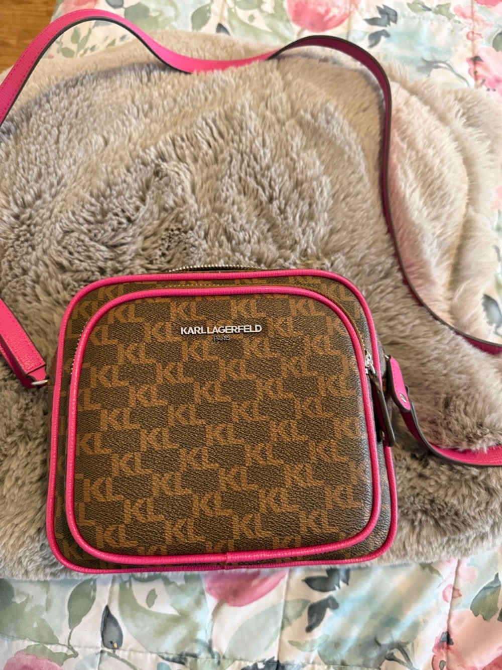 Karl Lagerfeld Brown Crossbody Bag with Pink Trim